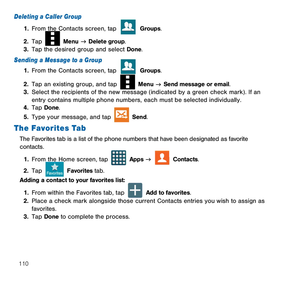 Samsung GH68-41834A user manual Favorites Tab, Deleting a Caller Group, Sending a Message to a Group 