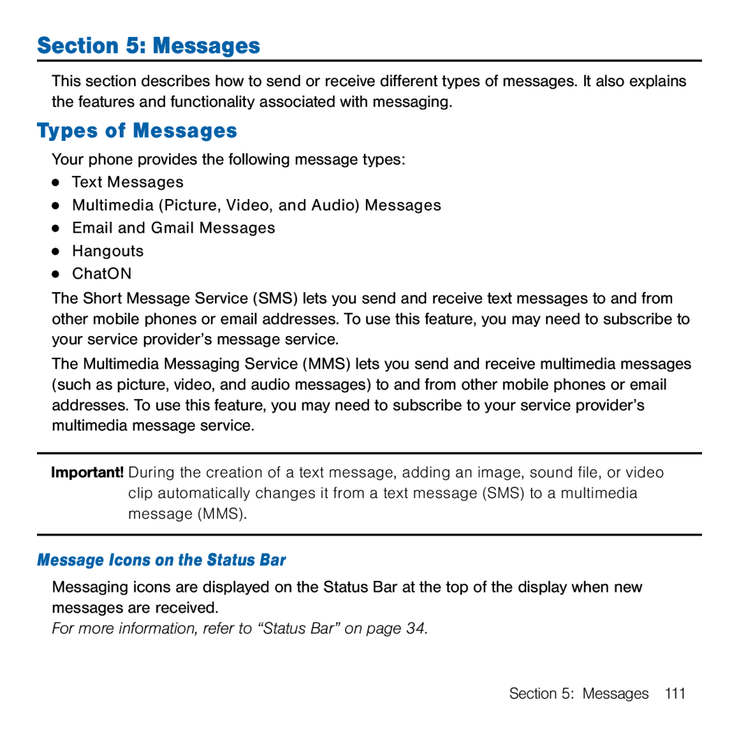 Samsung GH68-41834A user manual Types of Messages, Message Icons on the Status Bar 