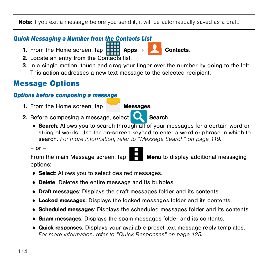 Samsung GH68-41834A user manual Message Options, Quick Messaging a Number from the Contacts List 