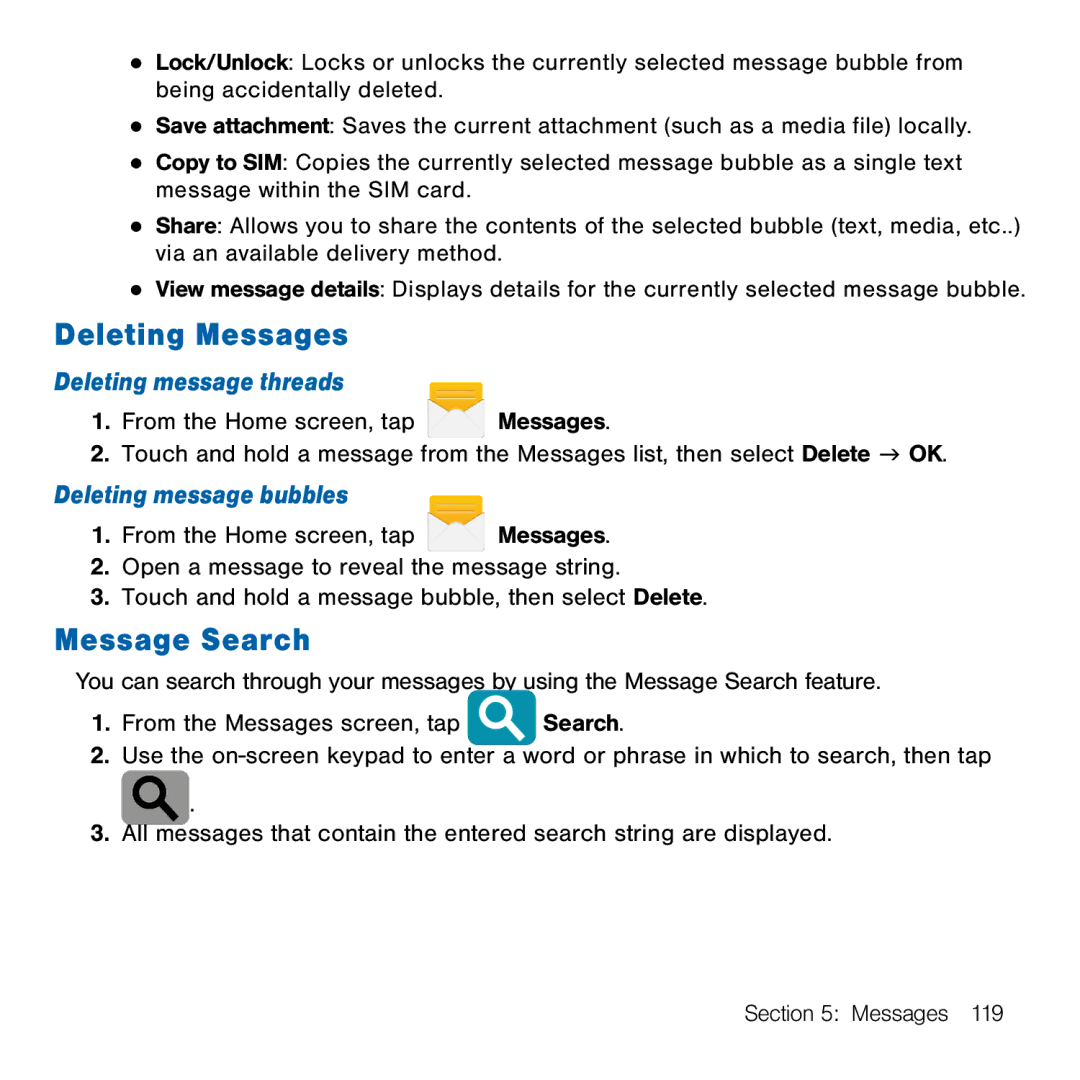 Samsung GH68-41834A user manual Deleting Messages, Message Search, Deleting message threads, Deleting message bubbles 