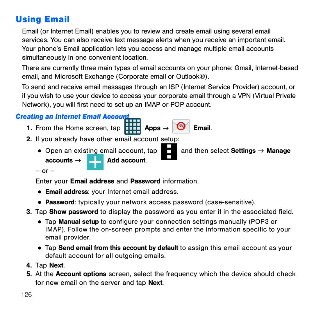 Samsung GH68-41834A user manual Using Email, Creating an Internet Email Account 