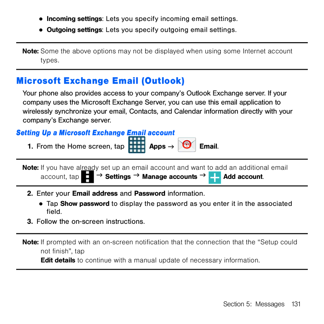 Samsung GH68-41834A user manual Microsoft Exchange Email Outlook, Setting Up a Microsoft Exchange Email account 