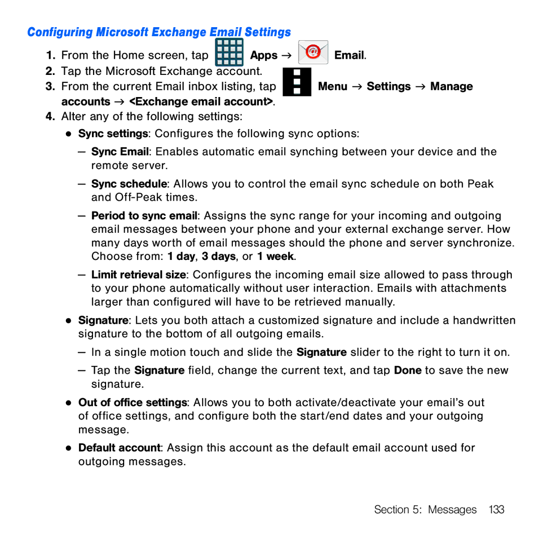 Samsung GH68-41834A user manual Configuring Microsoft Exchange Email Settings 