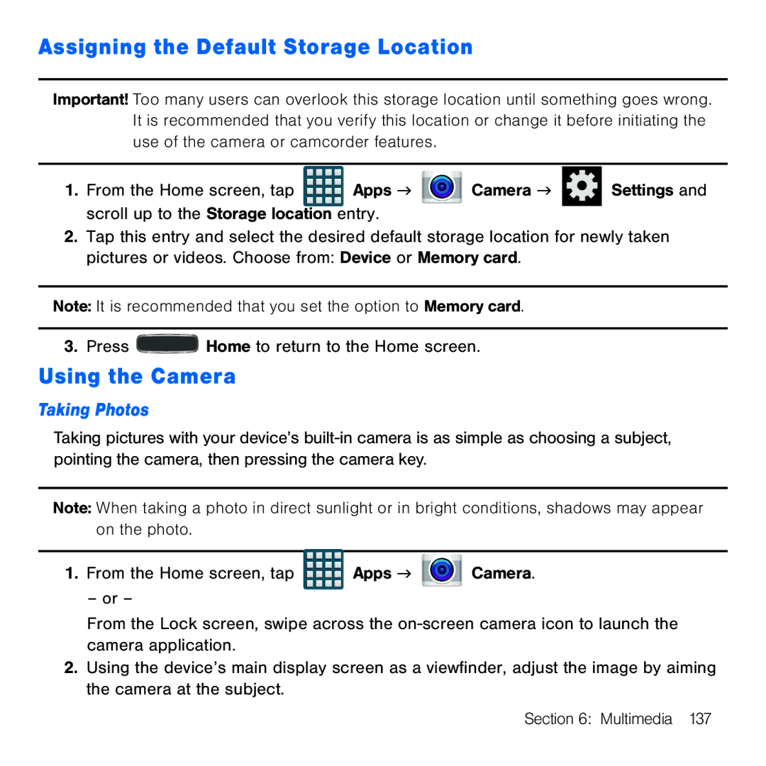 Samsung GH68-41834A user manual Assigning the Default Storage Location, Using the Camera, Taking Photos 