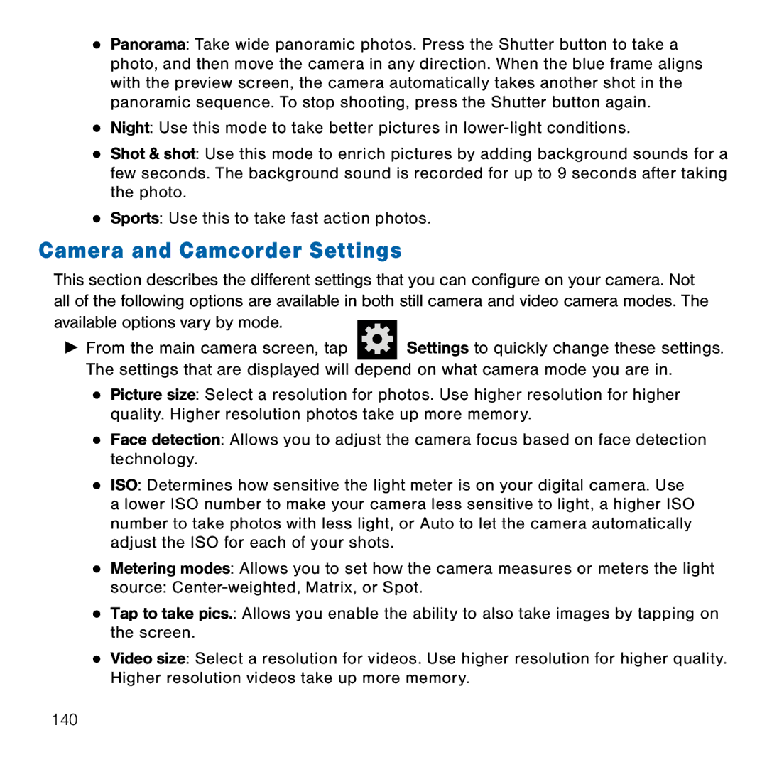 Samsung GH68-41834A user manual Camera and Camcorder Settings 