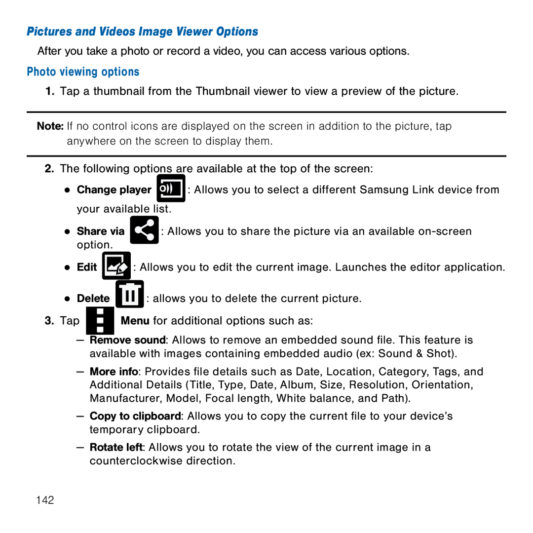 Samsung GH68-41834A user manual Pictures and Videos Image Viewer Options, Photo viewing options 