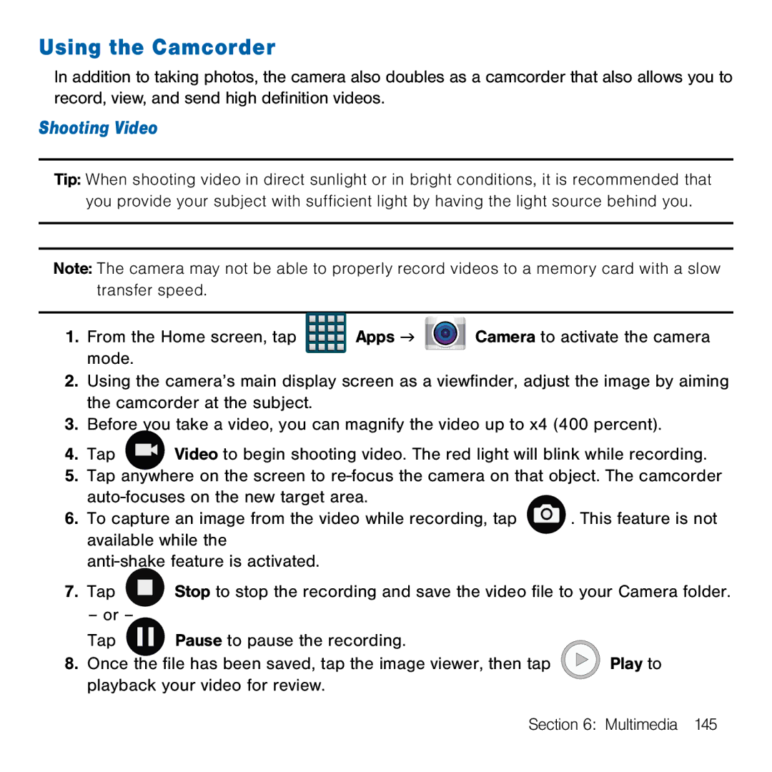 Samsung GH68-41834A user manual Using the Camcorder, Shooting Video 