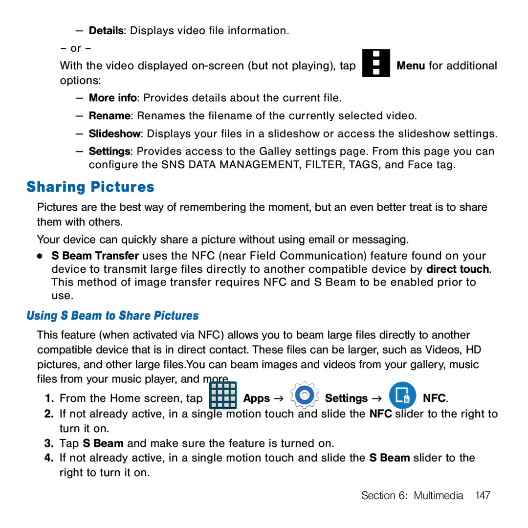 Samsung GH68-41834A user manual Sharing Pictures, Using S Beam to Share Pictures 