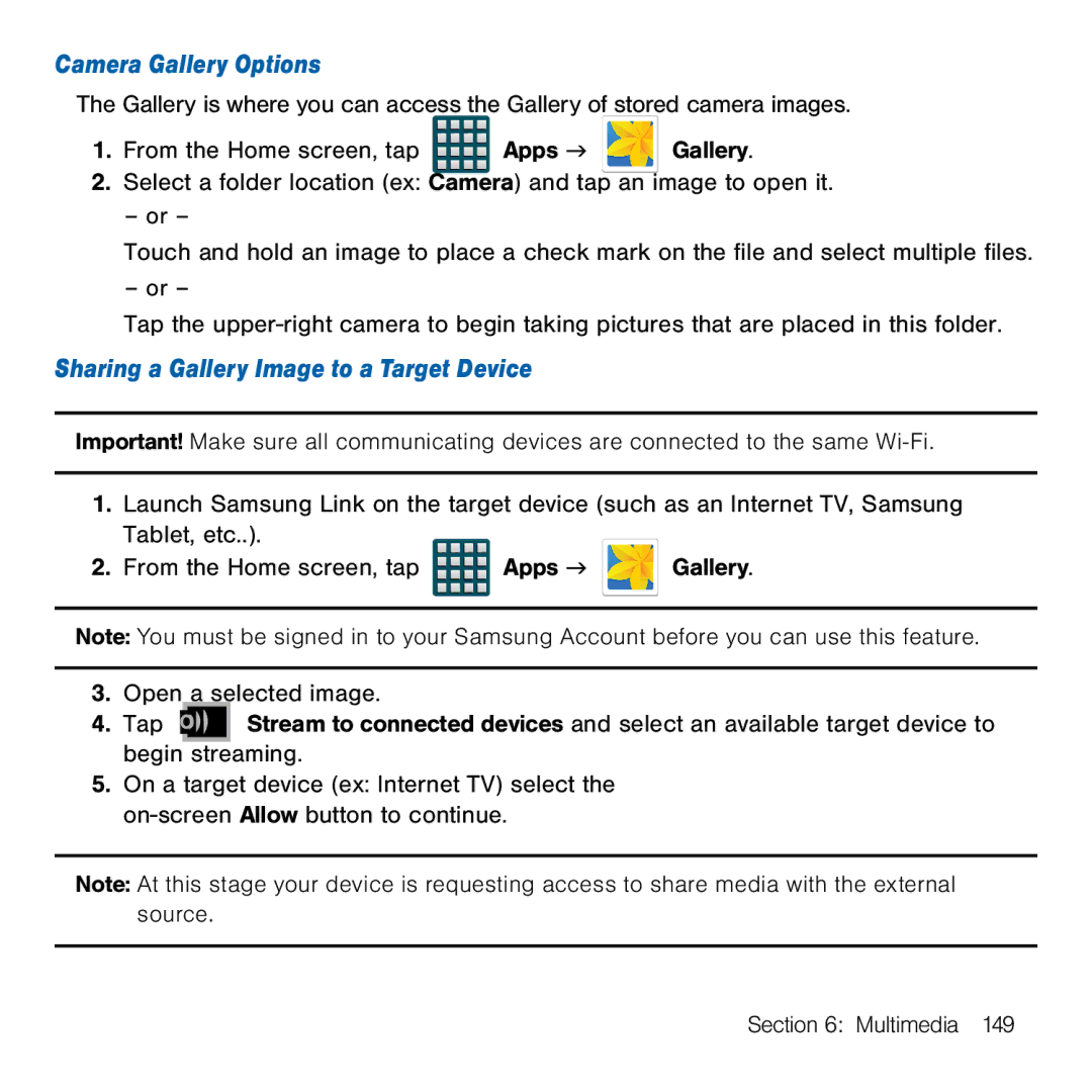 Samsung GH68-41834A user manual Camera Gallery Options, Sharing a Gallery Image to a Target Device 