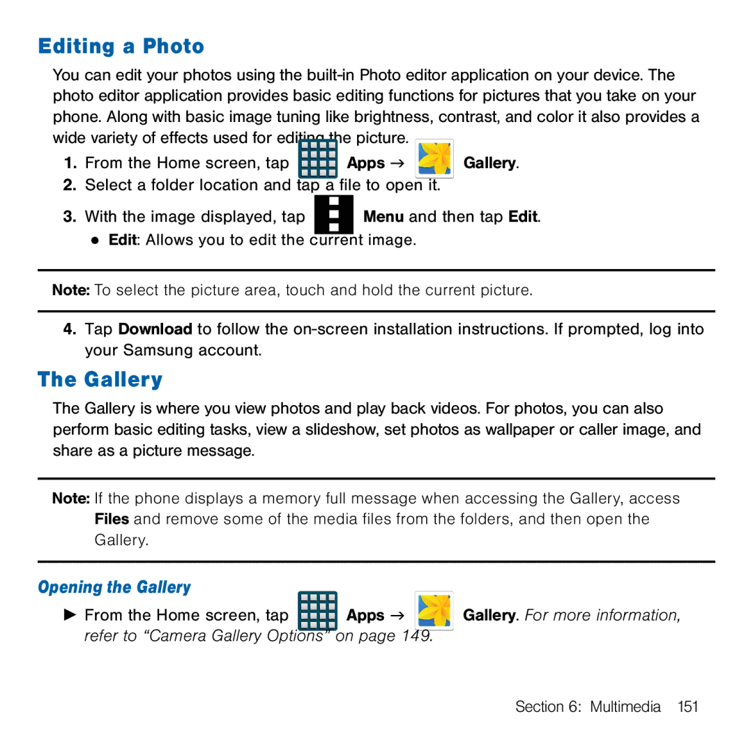 Samsung GH68-41834A user manual Editing a Photo, Opening the Gallery 