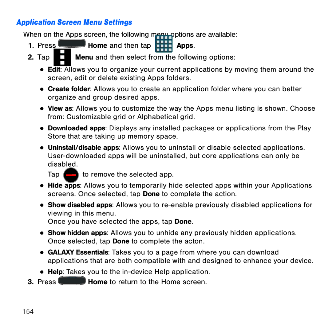 Samsung GH68-41834A user manual Application Screen Menu Settings 