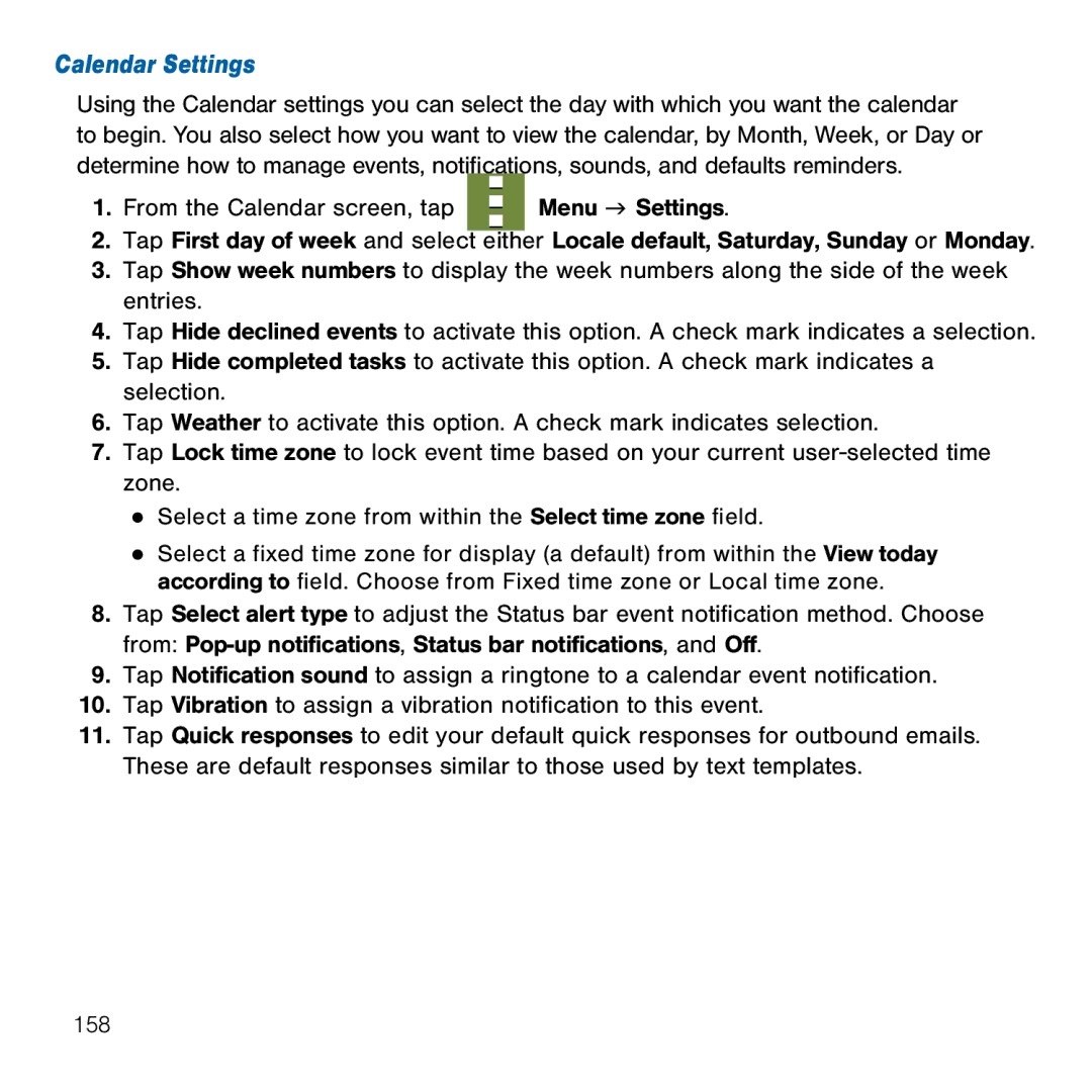 Samsung GH68-41834A user manual Calendar Settings 