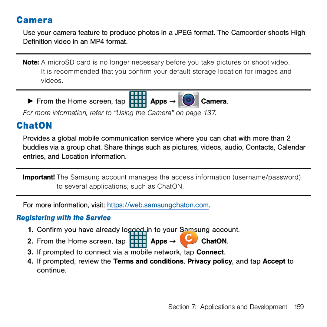 Samsung GH68-41834A user manual Camera, ChatON, Registering with the Service 