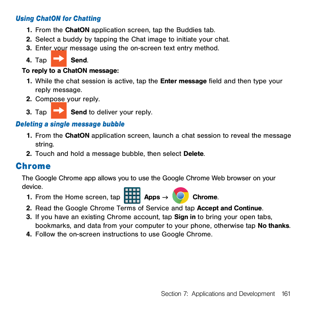 Samsung GH68-41834A user manual Chrome, Using ChatON for Chatting, Deleting a single message bubble 