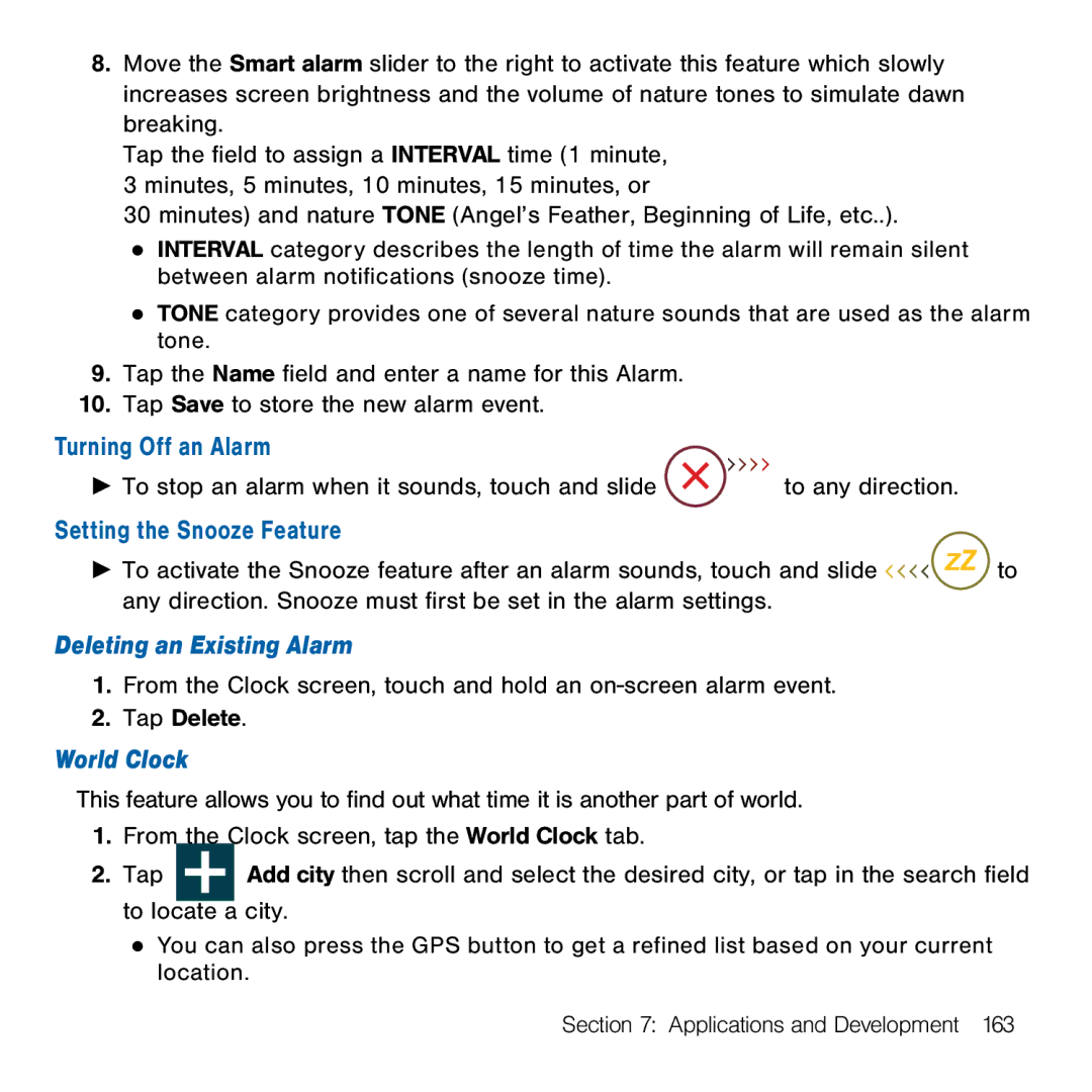 Samsung GH68-41834A user manual Turning Off an Alarm, Setting the Snooze Feature, Deleting an Existing Alarm, World Clock 