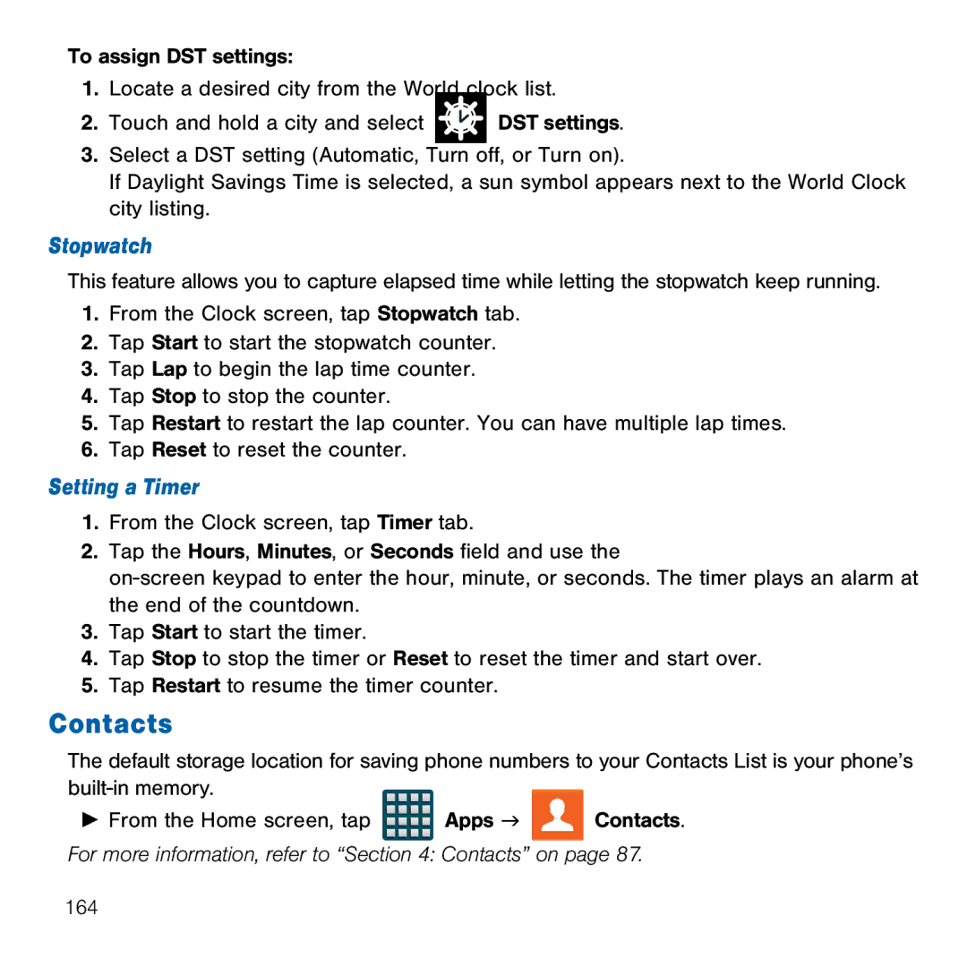 Samsung GH68-41834A user manual Contacts, Stopwatch, Setting a Timer 