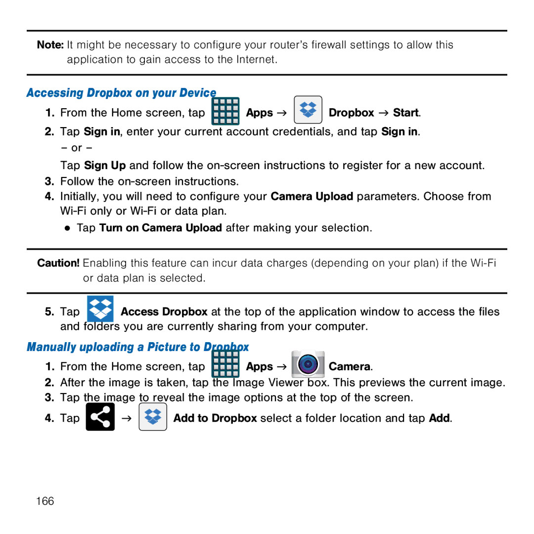 Samsung GH68-41834A user manual Accessing Dropbox on your Device, Manually uploading a Picture to Dropbox 