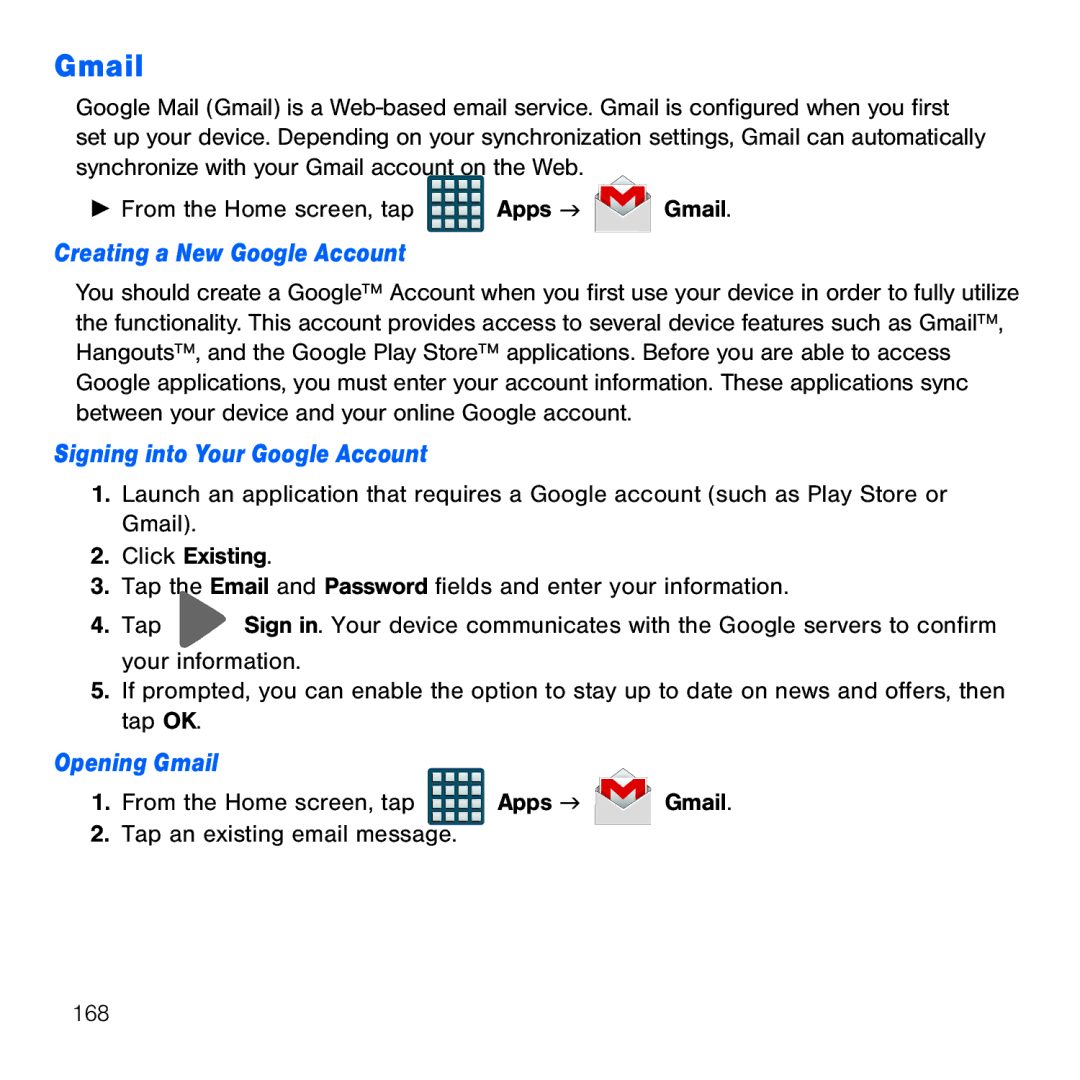 Samsung GH68-41834A user manual Creating a New Google Account, Signing into Your Google Account, Opening Gmail 