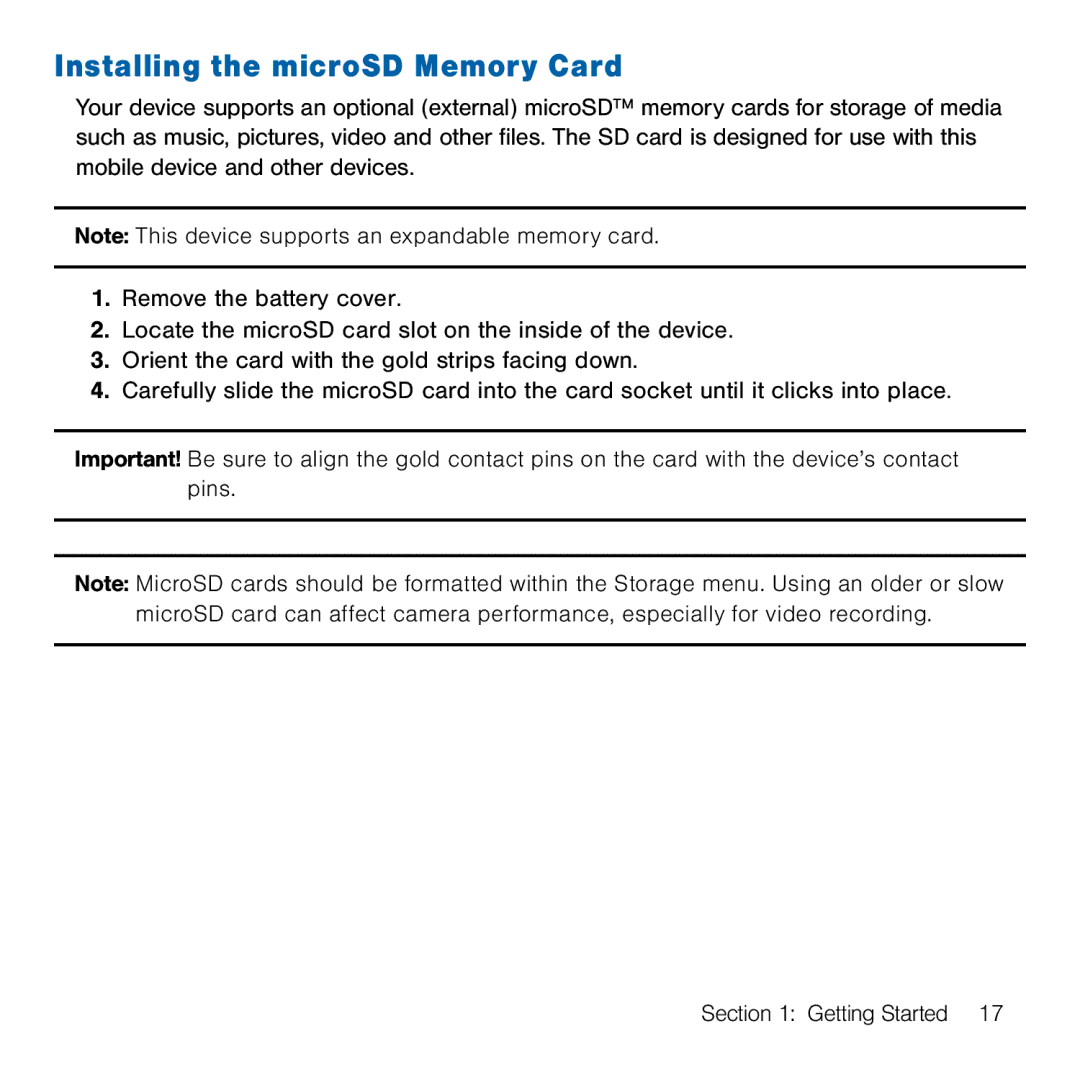 Samsung GH68-41834A user manual Installing the microSD Memory Card 