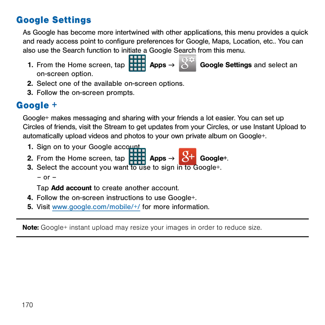 Samsung GH68-41834A user manual Google Settings, Google + 