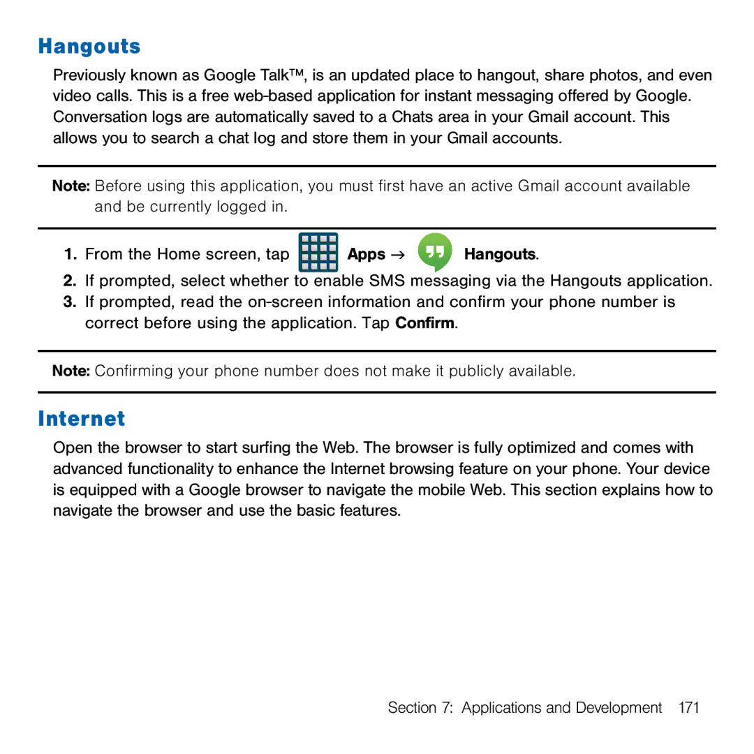 Samsung GH68-41834A user manual Hangouts, Internet 