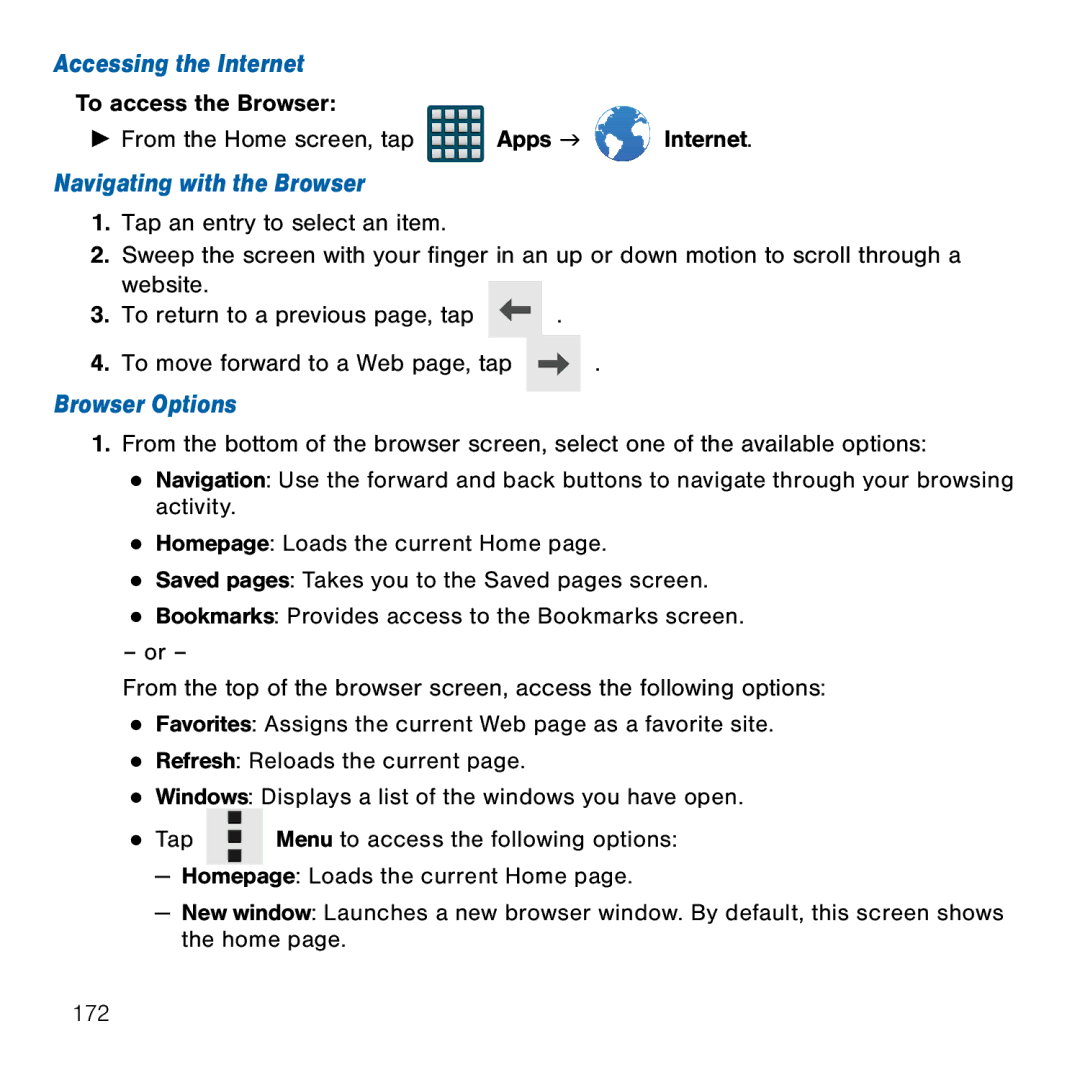 Samsung GH68-41834A user manual Accessing the Internet, Navigating with the Browser, Browser Options 