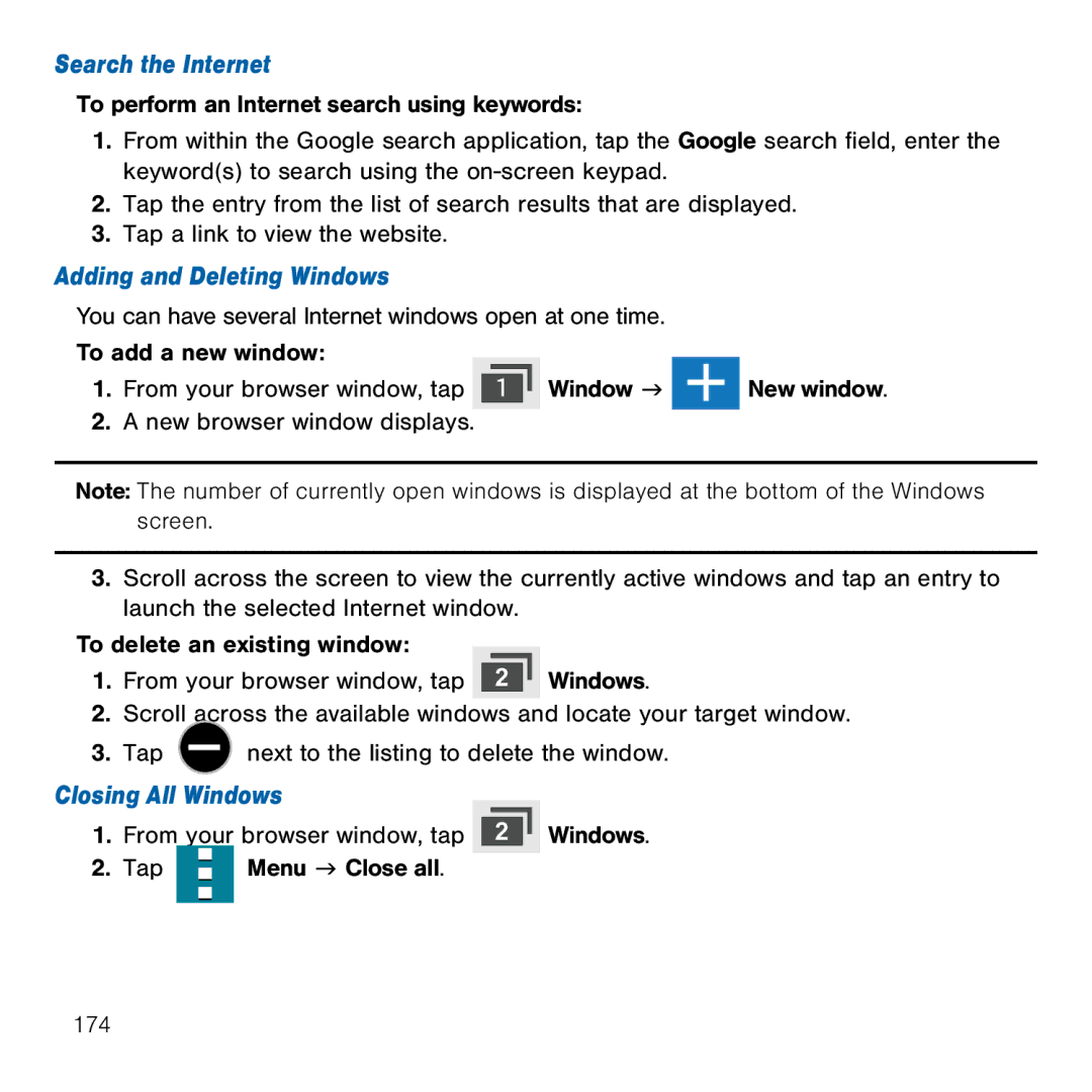 Samsung GH68-41834A user manual Search the Internet, Adding and Deleting Windows, Closing All Windows 