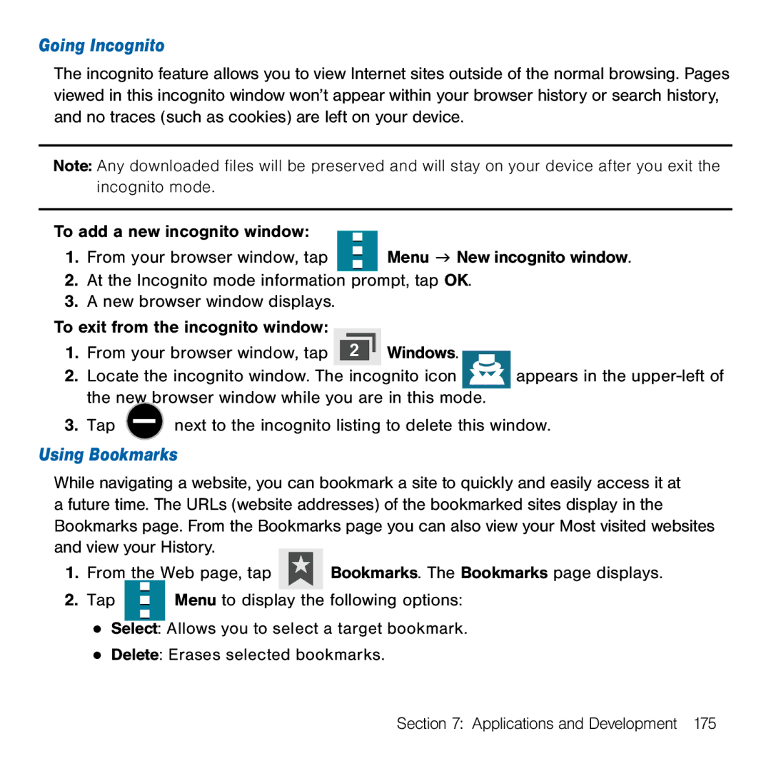 Samsung GH68-41834A user manual Going Incognito, Using Bookmarks 