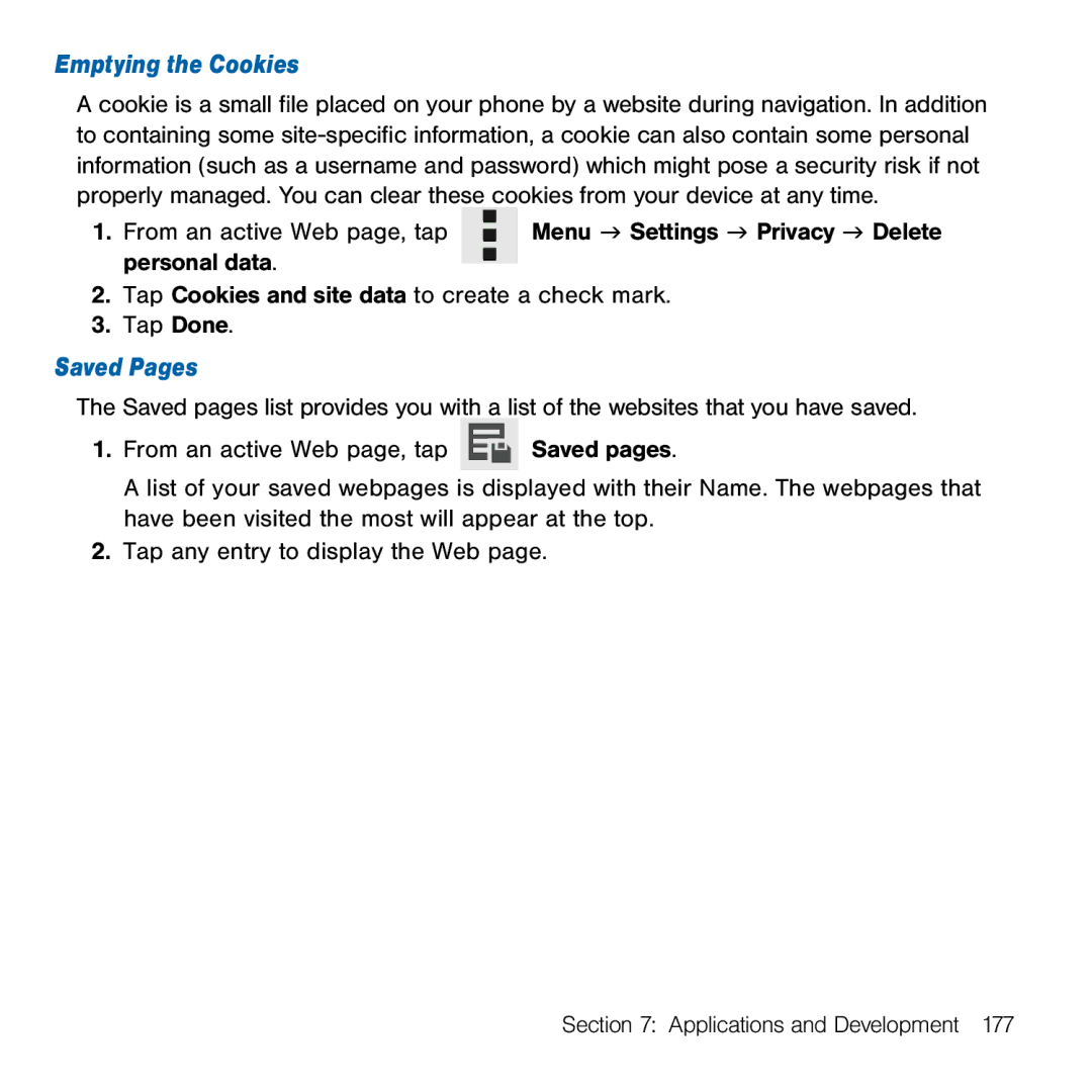 Samsung GH68-41834A user manual Emptying the Cookies, Saved Pages 