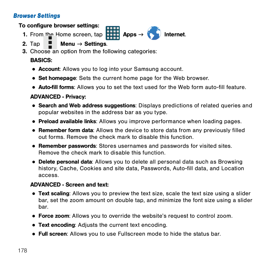 Samsung GH68-41834A user manual Browser Settings, Basics 