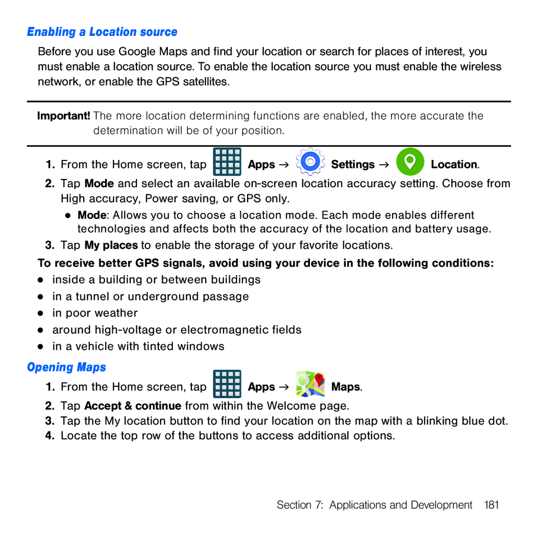 Samsung GH68-41834A user manual Enabling a Location source, Opening Maps 