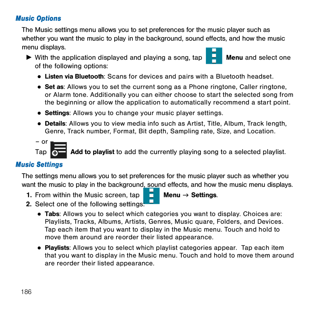 Samsung GH68-41834A user manual Music Options, Music Settings 