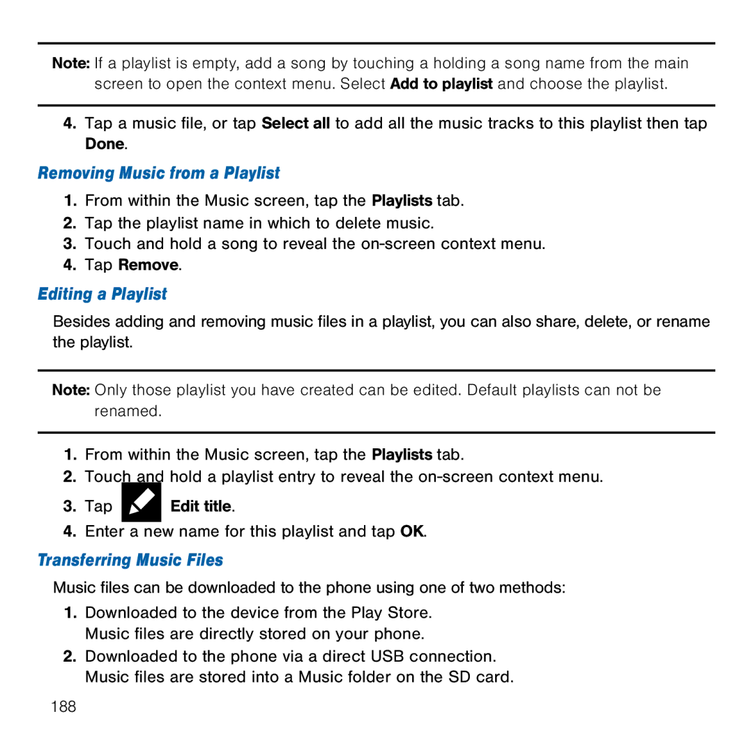 Samsung GH68-41834A user manual Removing Music from a Playlist, Editing a Playlist, Transferring Music Files 