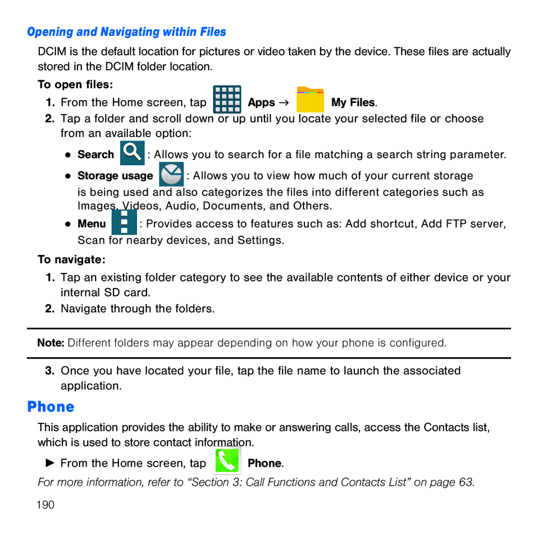 Samsung GH68-41834A user manual Phone, Opening and Navigating within Files 