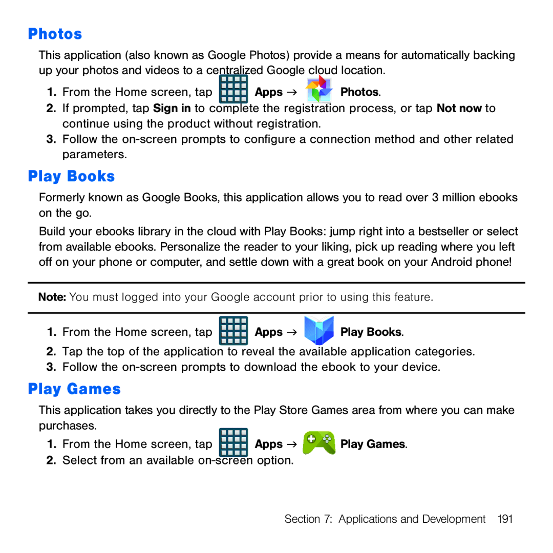 Samsung GH68-41834A user manual Photos, Play Books, Play Games 