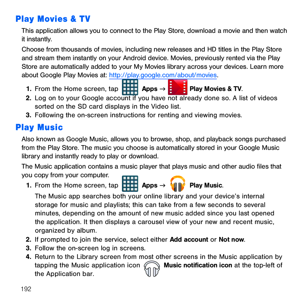 Samsung GH68-41834A user manual Play Movies & TV, Play Music 