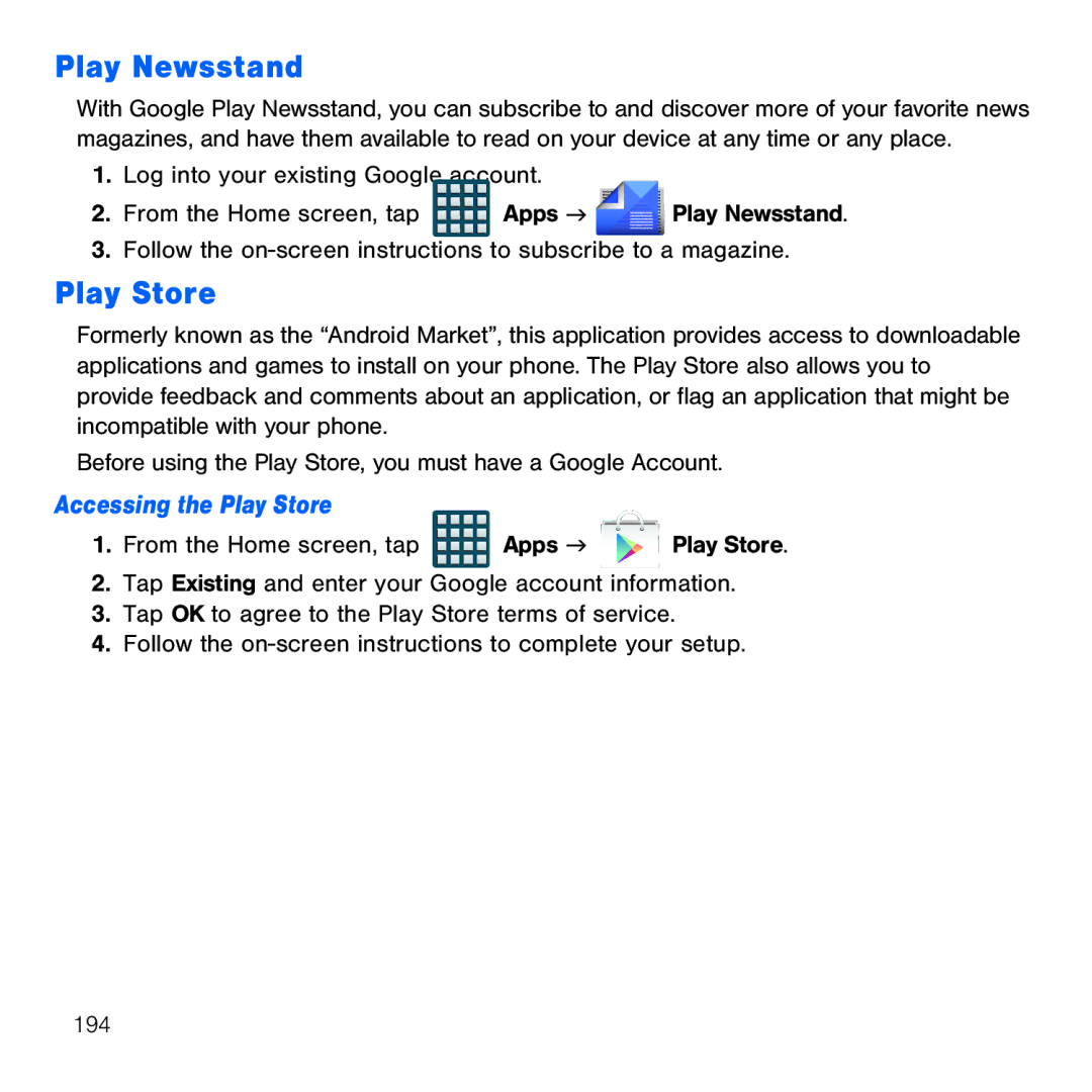 Samsung GH68-41834A user manual Play Newsstand, Accessing the Play Store 