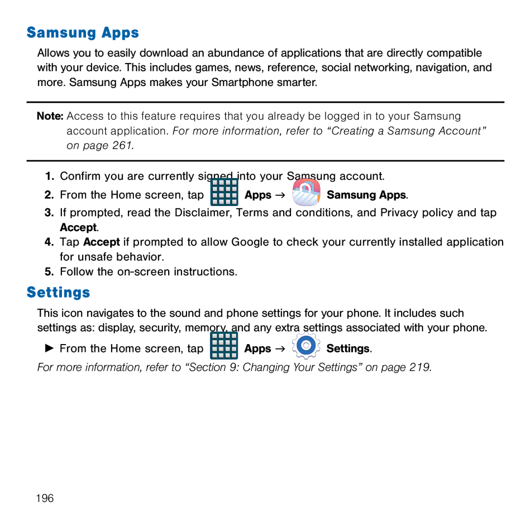 Samsung GH68-41834A user manual Samsung Apps, Settings 