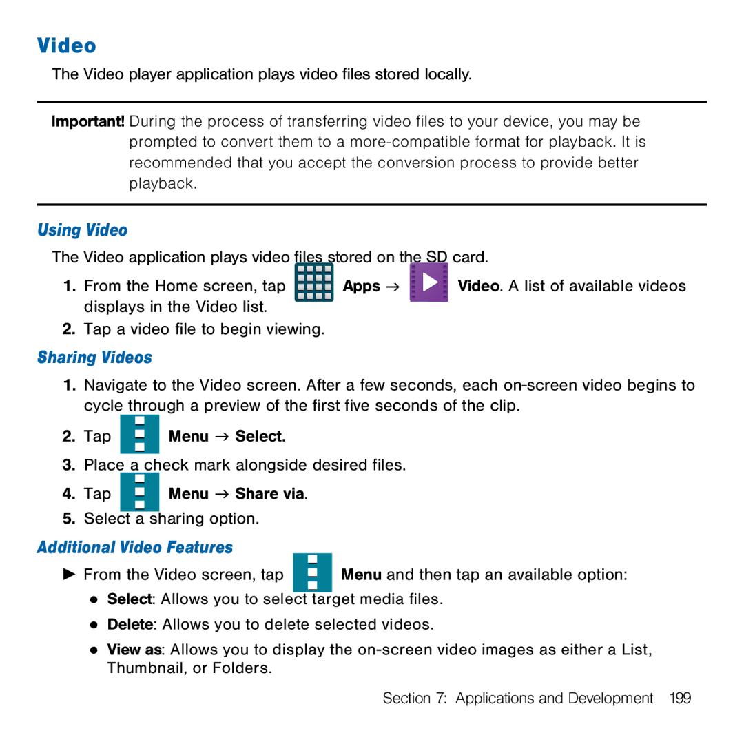 Samsung GH68-41834A user manual Using Video, Sharing Videos, Additional Video Features 