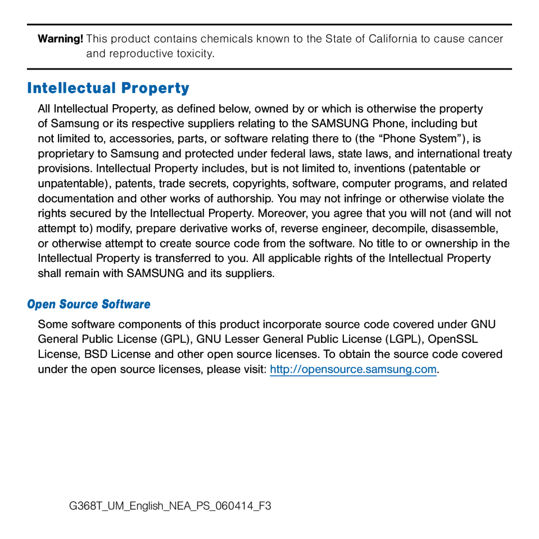 Samsung GH68-41834A user manual Intellectual Property, Open Source Software 