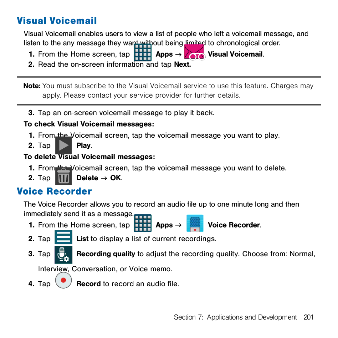 Samsung GH68-41834A user manual Visual Voicemail, Voice Recorder 