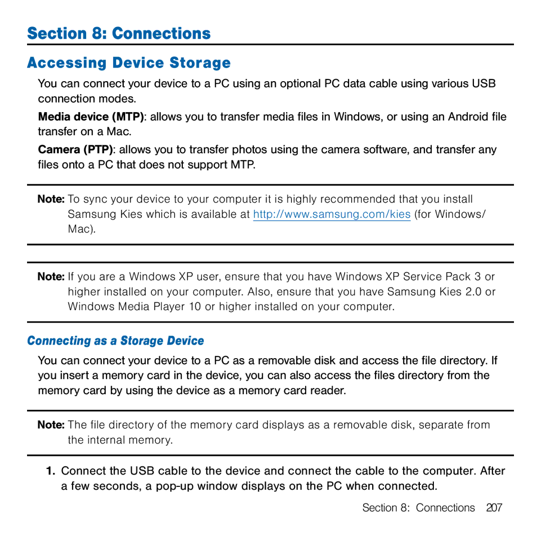 Samsung GH68-41834A user manual Accessing Device Storage, Connecting as a Storage Device 