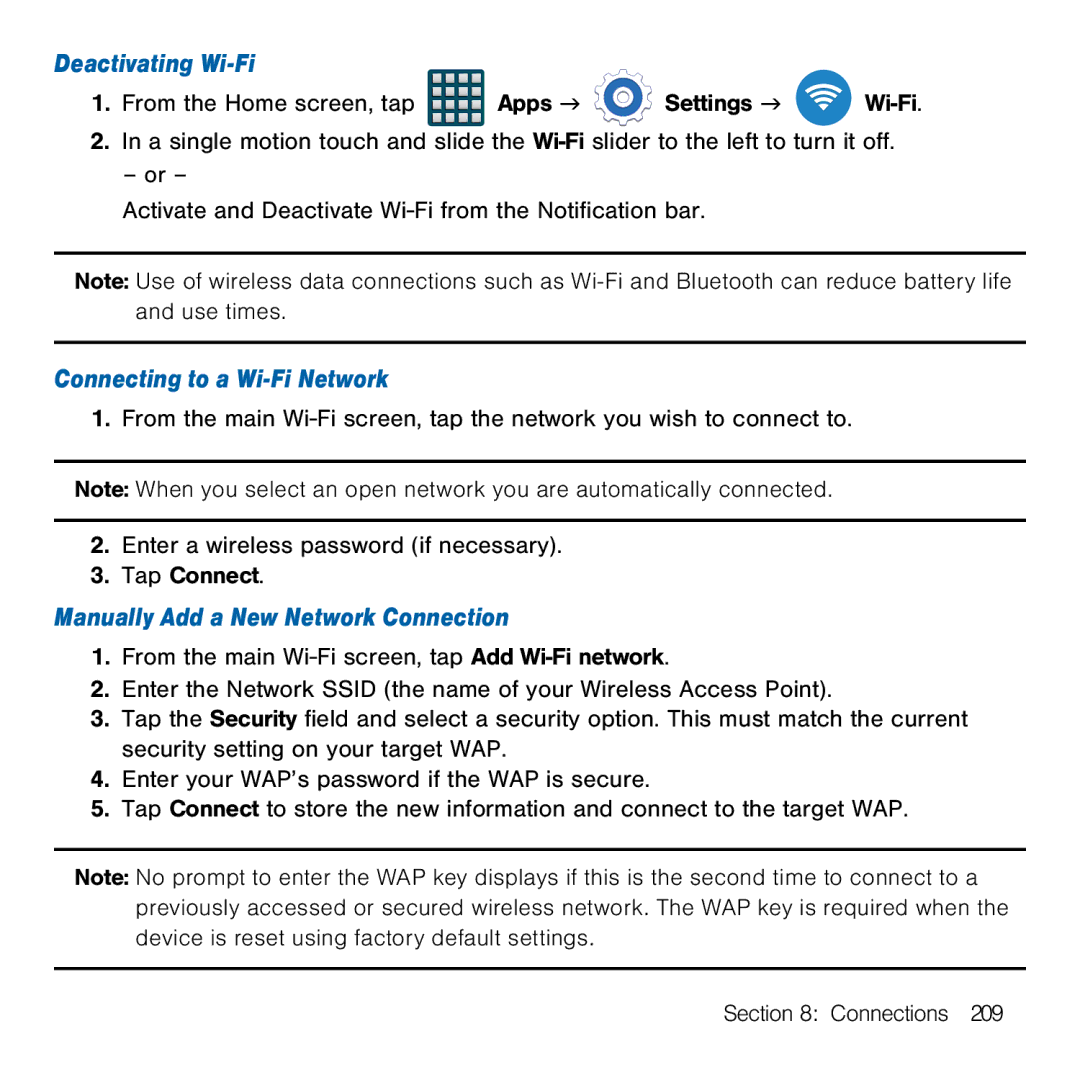 Samsung GH68-41834A user manual Deactivating Wi-Fi, Connecting to a Wi-Fi Network, Manually Add a New Network Connection 