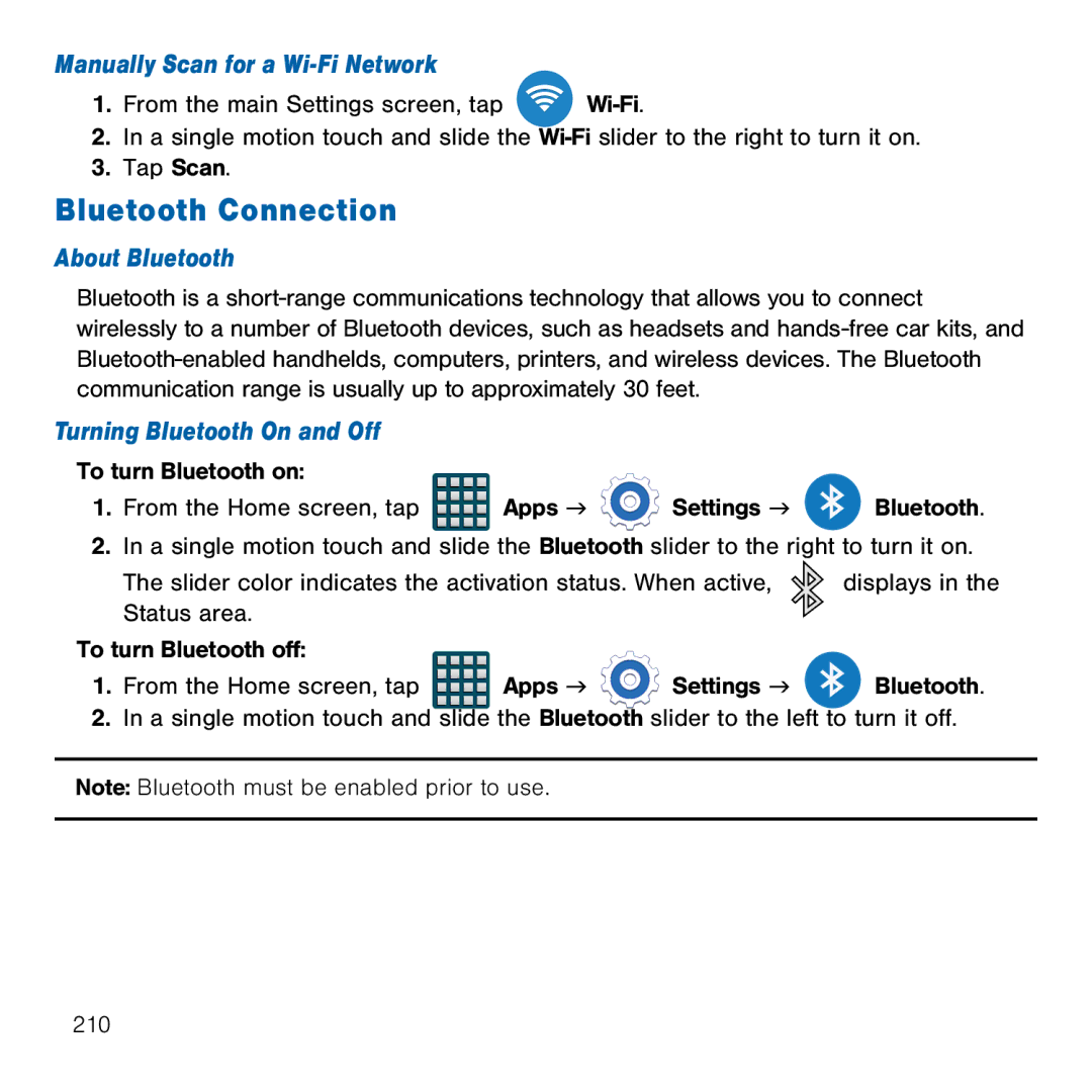 Samsung GH68-41834A Bluetooth Connection, Manually Scan for a Wi-Fi Network, About Bluetooth, Turning Bluetooth On and Off 