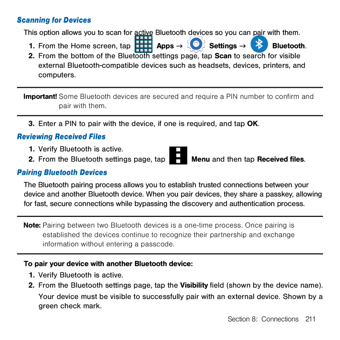 Samsung GH68-41834A user manual Scanning for Devices, Reviewing Received Files, Pairing Bluetooth Devices 