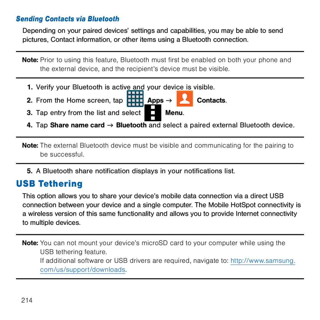 Samsung GH68-41834A user manual USB Tethering, Sending Contacts via Bluetooth 