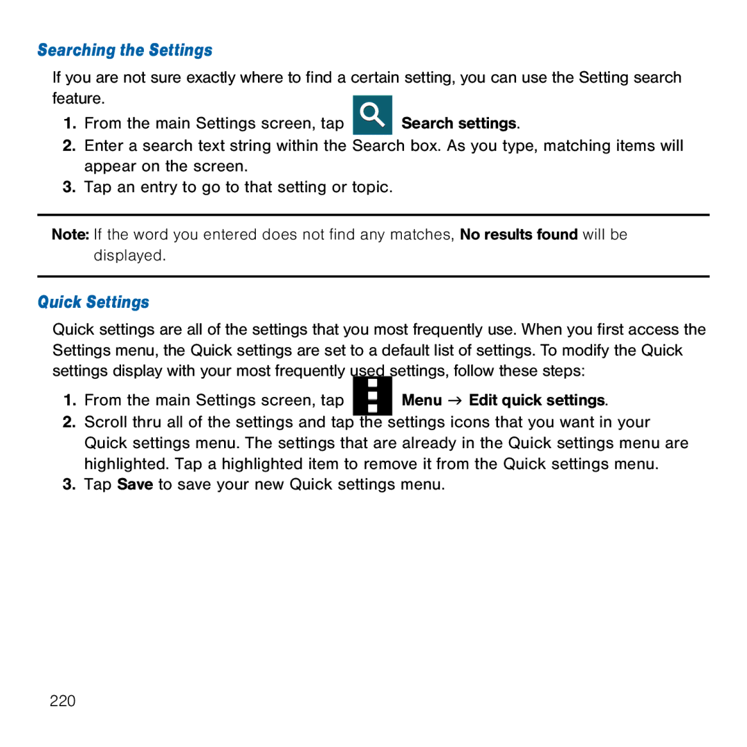 Samsung GH68-41834A user manual Searching the Settings, Quick Settings 