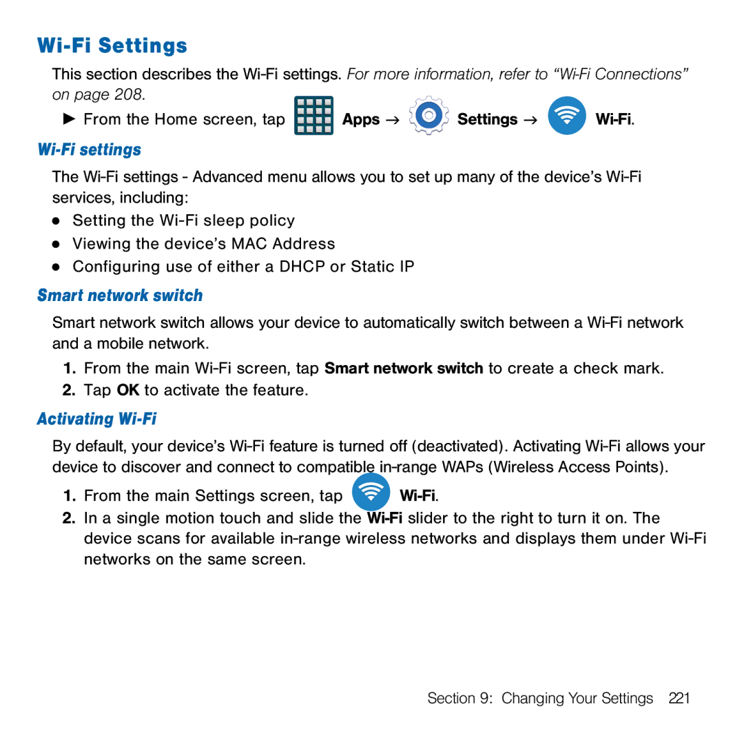 Samsung GH68-41834A user manual Wi-Fi Settings, Wi-Fi settings, Smart network switch 