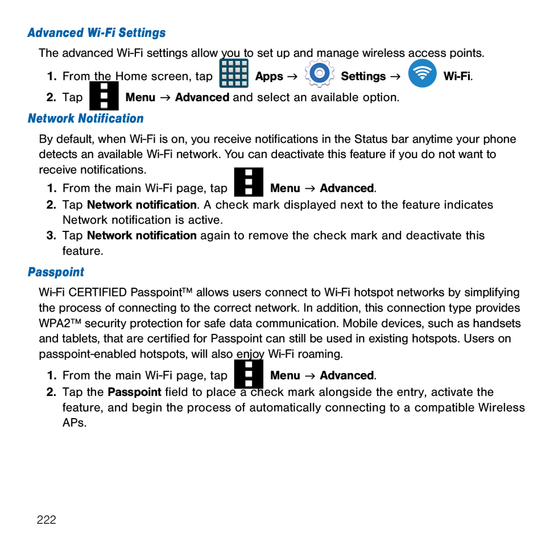 Samsung GH68-41834A user manual Advanced Wi-Fi Settings, Network Notification, Passpoint 