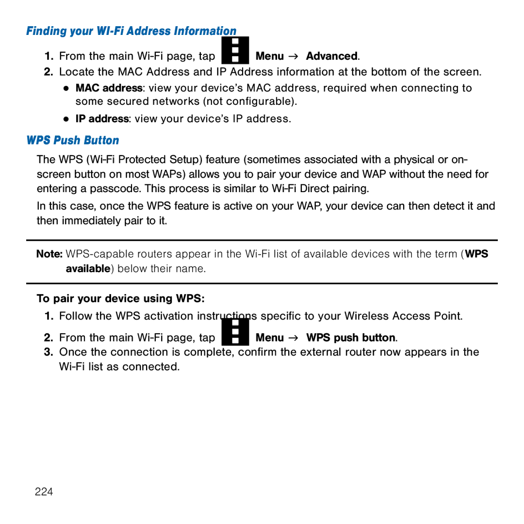 Samsung GH68-41834A user manual Finding your WI-Fi Address Information, WPS Push Button 